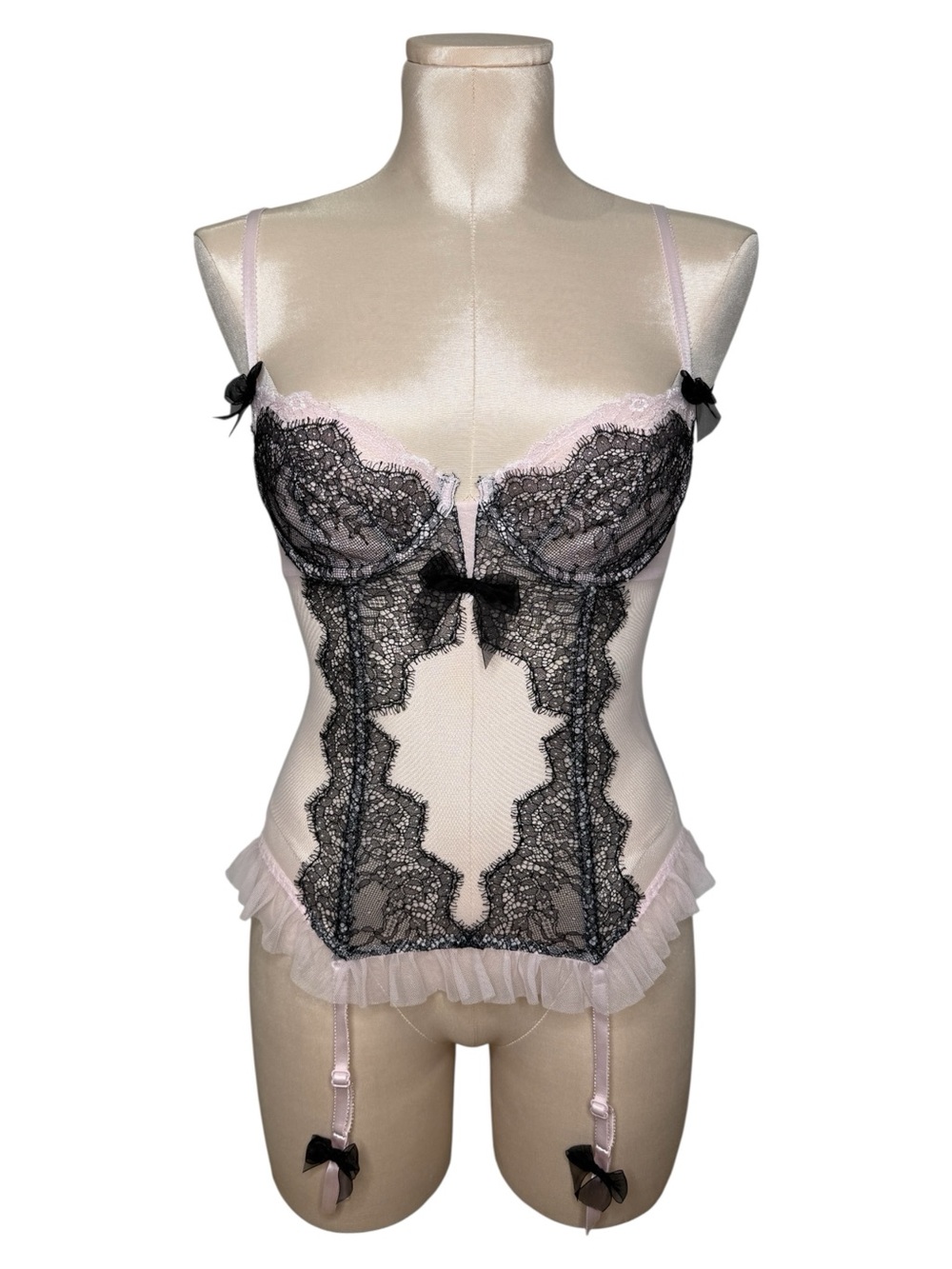 Sheer Pink and Black Lace/Mesh Bustier with Garter